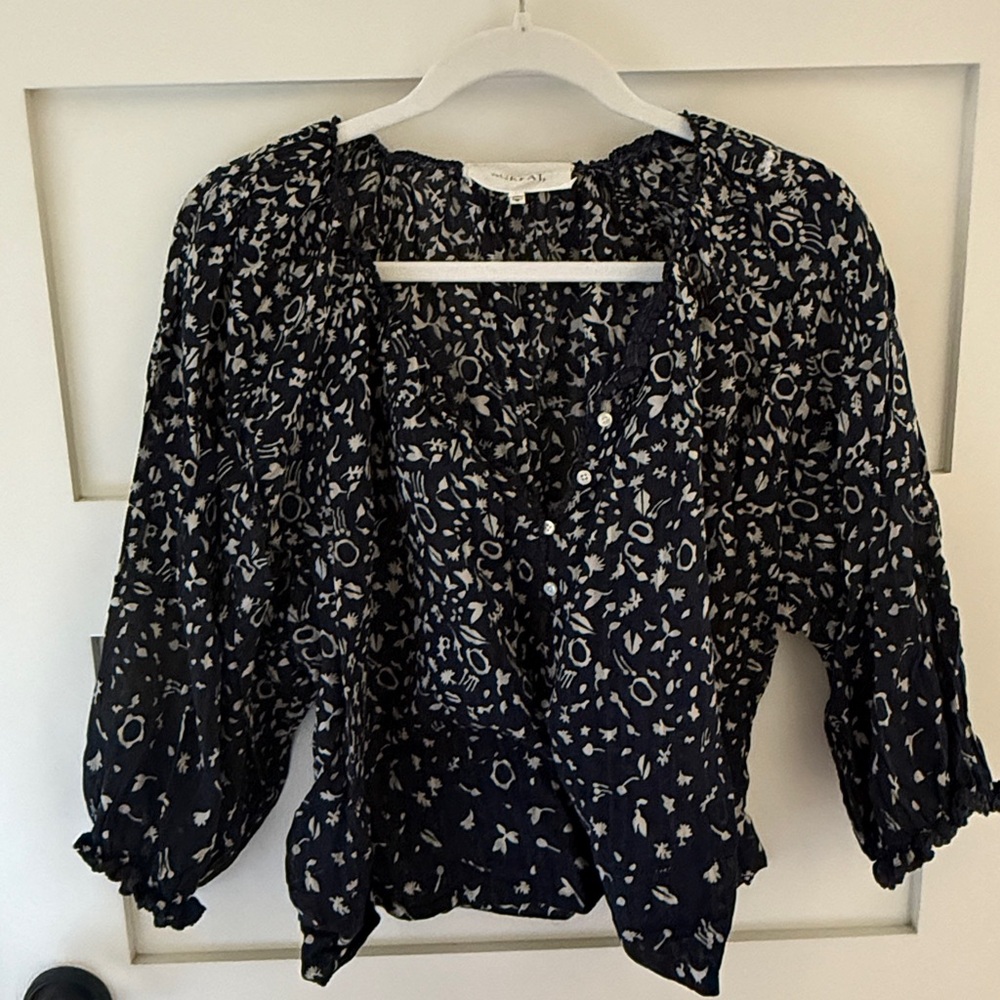THE GREAT. Navy and White balloon sleeve Boho Patterned Blouse